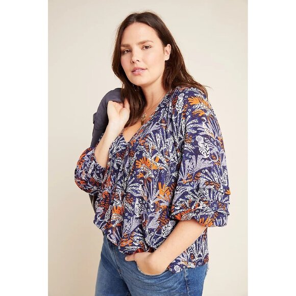 Anthropologie Maeve Cathy Pleated Blouse Size LG Floral Monkey Crane Boho Blue - Picture 1 of 13